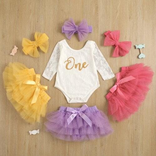 FOCUSNORM 3pcs Newborn Baby Girls 1st Birthday Clothes Sets 9-18M Lace Letter Printed Long Sleeve Romper+Tutu Skirts+Headband