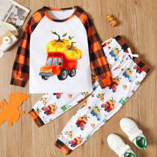 PatPat 2-piece Toddler Boy Halloween Pumpkin Vehicle Print Plaid Pullover and Elasticized Pants Set