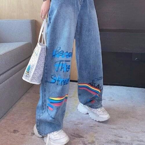 Cute Women Loose Cartoon Girls Rainbow Pants Fashion Femme Harajuku Baggy Jeans Female Casual Funny Amine Pants Summer Jeans