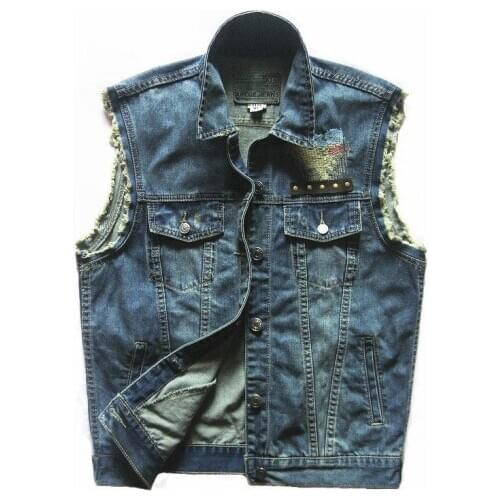 Motorcycle Mens Distressed Denim Vest Rivet Punk Patch Designs Mens Bliker Vests Single Breasted Sleeveless Jacket Waistcoats