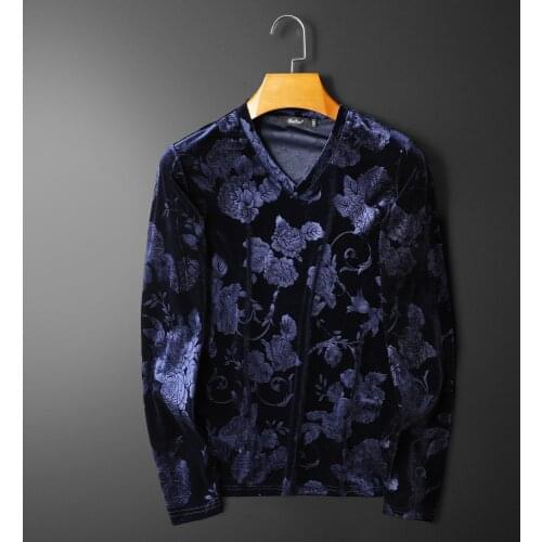 Royal Blue Oversize Velvet T Shirts For Mens Velour Clothing Large Sizes Luxury Flowers Autumn Winter Wide T-shirts Streetwear