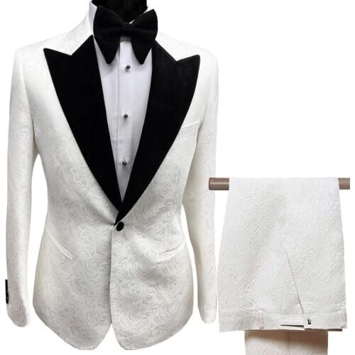 Mens Suits Collar 2 Pieces White Lilac Printed Suit Groom Jacket Tuxedos For Wedding Dress Evening(Blazer+Pants)