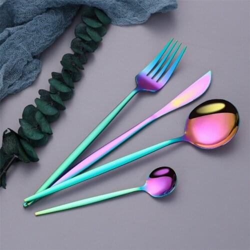 30Pcs/set Mirror Rainbow Cutlery Set 18/10 Stainless Steel Complete Dinner Set Tableware Flateware Silverware Cutlery Dinnerware