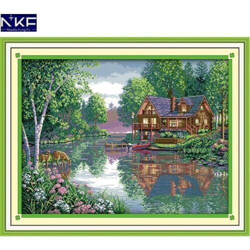NKF Leisure Hut Stamped Cross Stitch Pattern DIY Kit Needlework Embroidery Sets Chinese Cross Stitch for Home Decor