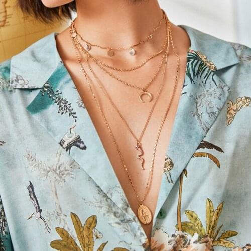 HuangTang Boho Snake Moon Pendant Necklace for Women Multilayer Gold Color Alloy Metal Wafer Tassel Necklace Charmings Jewelry