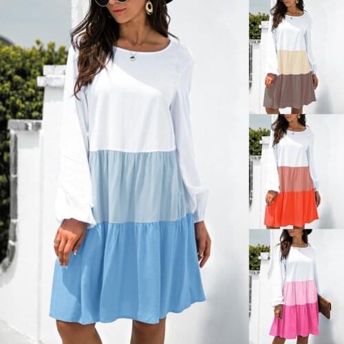 Dress Women Elegant Women Dress Contrast Color Patchwork Sundress Long Sleeve O Neck Ruffles Dresses Robe Female Summer Clothes
