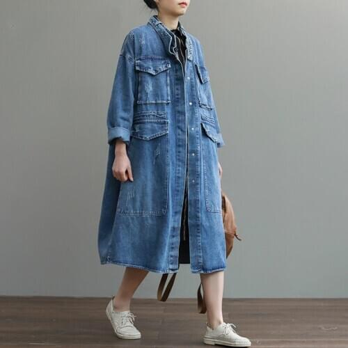 Oversize Casual Cowboy Trench Coat for Women 2020 New Loose Outwear Long Denim Jean Coat Single-breasted Pocket Female Clothes