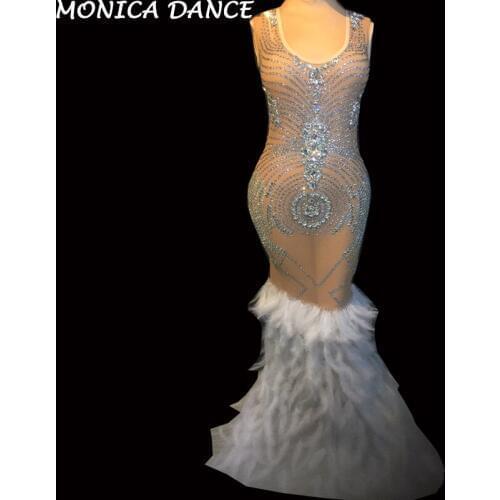 Sexy Sparkly Rhinestones Feathers See Through Dress Women Birthday Celebrate Dress Mesh Costume Singer Evening Outfit Dress