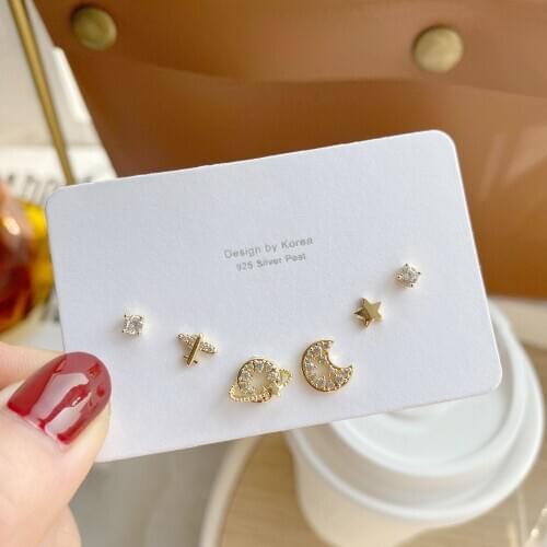 14k Real Gold Plated Jewelry Planet Moon Airplane Zircon Stud Earrings for Woman Small Six-piece Set Luxury Daily Earring