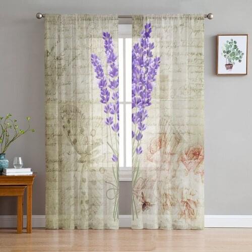 Vintage Plant Lavender Purple Flower Butterfly Sheer Curtains for Living Room Tulle for Windows Voile Short Bedroom Curtains