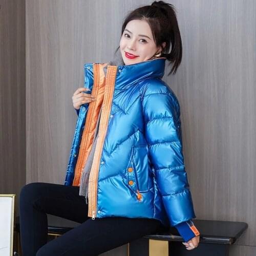 Womens Winter Clothing Glossy Down Cotton Cropped Jacket Stand Collar Knit Cuff Loose Parkas Warm Waterproof Coat Streetwear