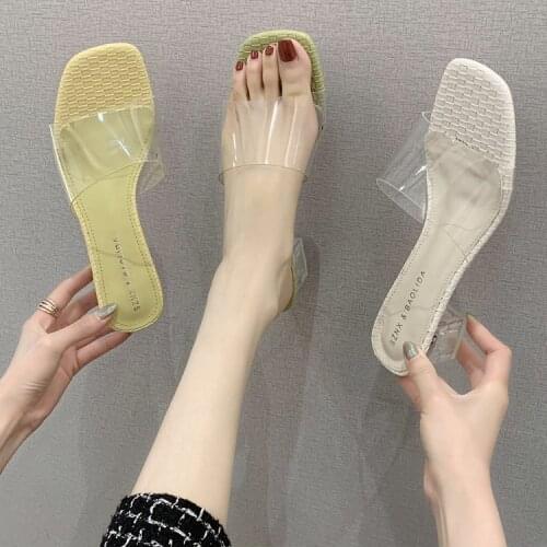 New Womens Sandals 2021 Summer Fashion PVC Transparent All Match Buckle Strap Square Heel Pumps 35-40