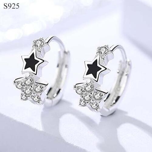 Genuine Real Pure Solid 925 Sterling Silver Hoop Earrings for Women Cubic Zircon Black Star Elegant Female Earrings Fine Jewelry
