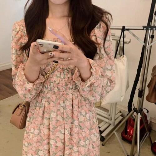 Sweet Dress Woman Chiffon Floral Printed Flower Harajuku Elegant Dresses Female Square Lovely Party Korean Gown Clothing