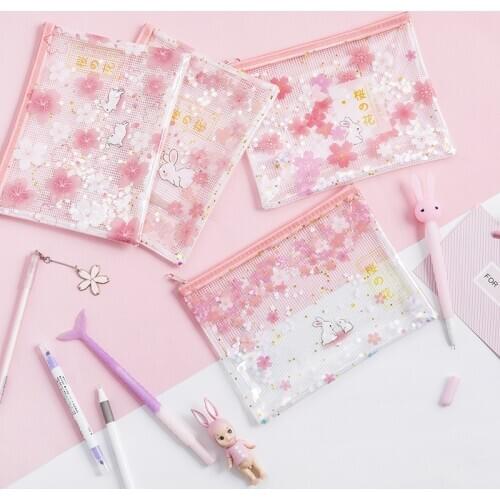 1X Pink Sakura Rabbit Blingbling A5 B6 Grids Document Bag Pen Bag File Folder for Papers Stationery