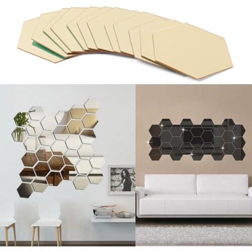 12PCs/Set DIY 3D Mirror Wall Sticker Hexagon Home Decor Mirror Decor Stickers Art Wall Decoration Stickers Multi-color