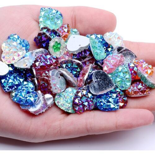 14mm 40pcs Heart Shape AB Colors Flatback Resin Rhinestones Gems With 2 Holes Sew On DIY Scrapbooking Craft Jewelry Decoration