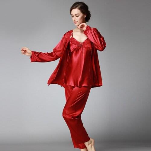 3PSC Silk Robe Sleep Suit Womens Lace Satin Pajamas Gown Set V Neck Cami Nighties Wear Pijama Home Nightwear Spring Nightdress