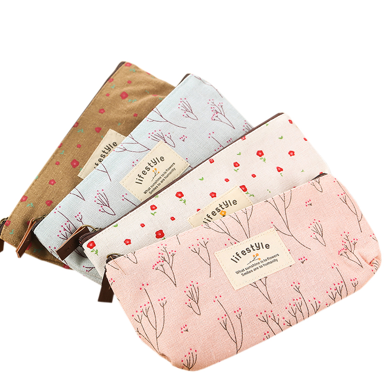 1 piece of hot sale new product flower pencil canvas box cosmetic makeup tool bag floral student pencil case