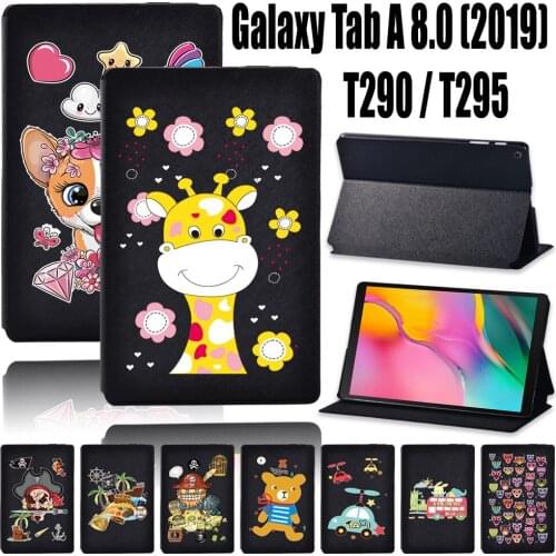 Tablet Case for Samsung Galaxy Tab A T290/T295 (2019) 8.0 Inch Black Printed PU Leather Stand Folio Cover Case + Free Stylus