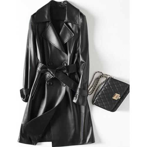 Long Slim Turn-down Collar Black Sheepskin Genuine Leather Autumn Spring Women Classic Leather Coat with Sashes Pockets