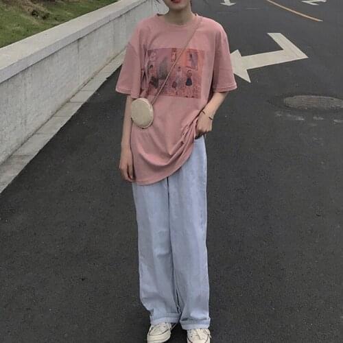 Top Short-sleeved T-shirt Ladies Summer New Style Korean Loose Wild Print Retro Mid-length T-shirt Women