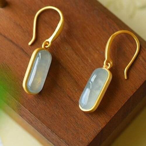 Natural Hetian Jade One-Line Jade Earrings S925 Sterling Silver Jade Exquisite Earrings Open Court Ornament for Women