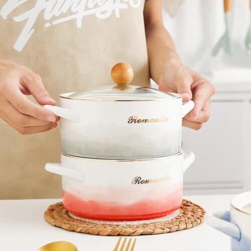 Ceramic binaural noodle bowl soup pot Nordic marble painted gold 6 inch breakfast dessert noodle bowl with glass cover