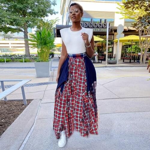Plaid Loose Skirt Trendy Stitching Printed Multicolor Irregular Long Skirt Party Streetwear Women Summer