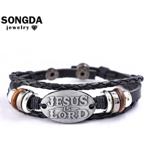 Jesus is Lord Leather Bracelet Vintage Religious Black Woven Multi-Beaded Silver Nameplate Wristbands Unisex Believers Jewelry