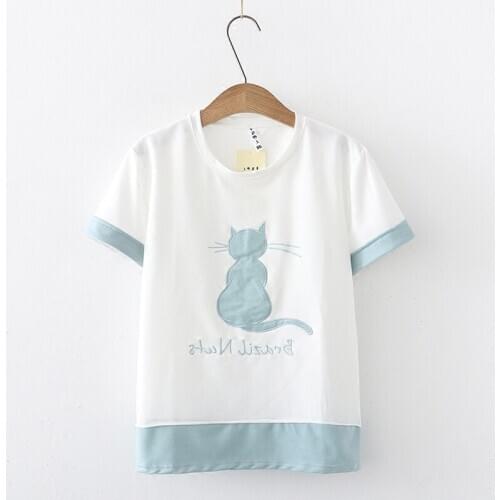 Summer Mori Girls Cute Cat Letter BRAZIL NUTS Short Sleeve Tee For Women Student tops soft pink blue shirt