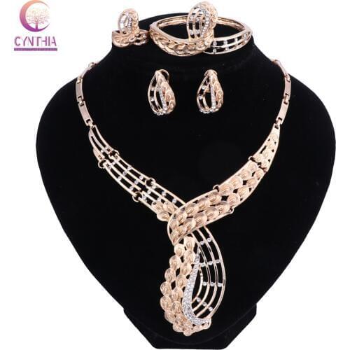 Fashion African Bridal Wedding Costume Jewelry Sets Women Gold color Crystal Rhinestone Multi Layer Pendant Necklace set