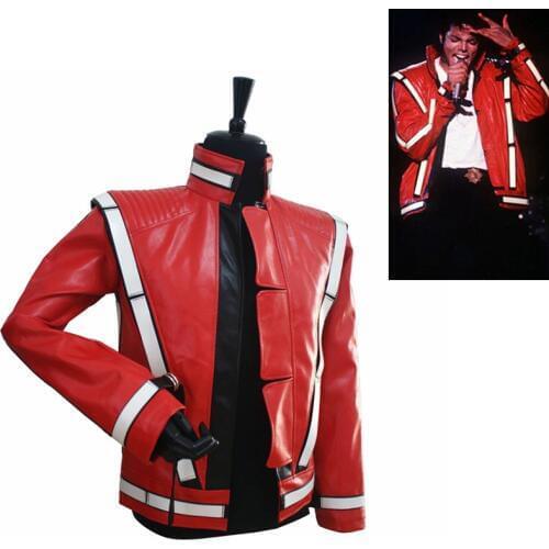 Classic Punk Novelty Rare Cool Men Red MJ Michael Jackson Thriller Open Stitch Vocal Concert Leather Fashion Jacket Outwear