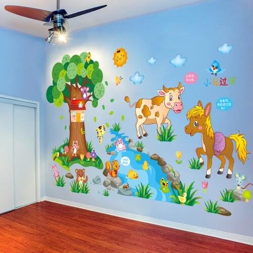 Cow Horse Tree Clouds Wall Stickers DIY Animals Wall Decor Decals for Baby Room Kids Bedroom Children Nursery Home Decoration