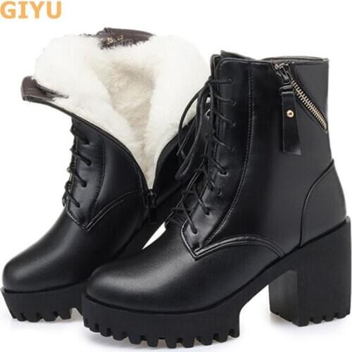 2020 Winter New Genuine Leather Womens Boots High Heel Platform Martin Boots Warm Wool Snow Boots Plus Size 35-42 Female Shoes