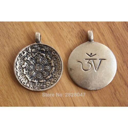 PN983 Vintage Tibet Brass Jiugong Bagua Amulet Waist Tag Charm Handmade Nepal 46mm Round Mantra Om Men Amulet Pendant