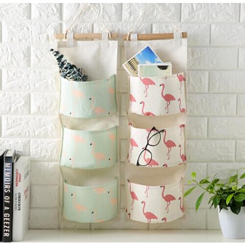 Flamingo Pattern Cotton Linen Hanging Storage Bag 3 Pockets Wall Mounted Wardrobe Hang Bag Wall Pouch Cosmetic Toys Organizer