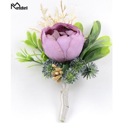 Wedding Boutonniere and Wrist Flowers for Bridesmaids Groom Boutonniere for Mariage Prom Purple Rose Women Wrist Hand Flowers