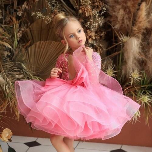 Glitter Illusion V Neck Girl Party Dresses Layers Puffy Girl Princess Dress Shiny Birthday First Communion Dresses