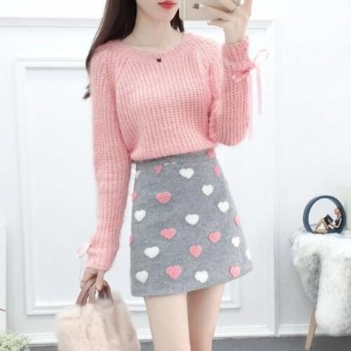 Women Two Pieces Set Spring Female Long Sleeve Solid Color Tweed Sweater + High Waist Mini Skirt Suit Ladies Casual Outfits Q257