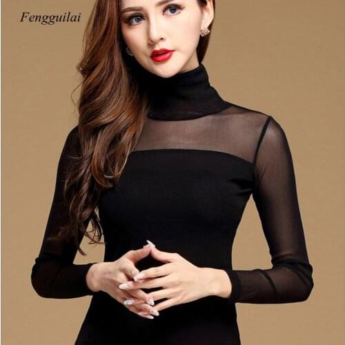Women Black White Sexy Casual Long Sleeve Lace Under Elastic Tops See Through Thin Soft Causal Wear Shirt