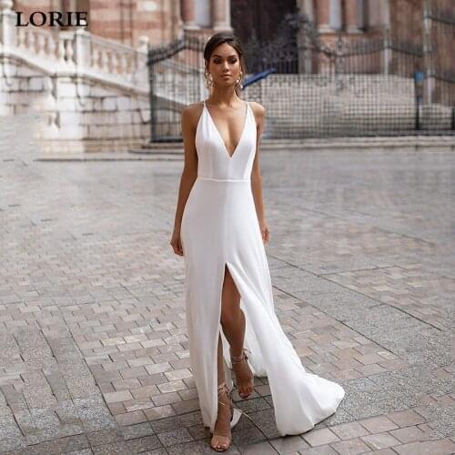 LORIE White Soft Satin Spaghetti Strap Mermaid Wedding Dress Sexy V Neck Split Bridal Gown Vestidos De Novia Wedding Gowns