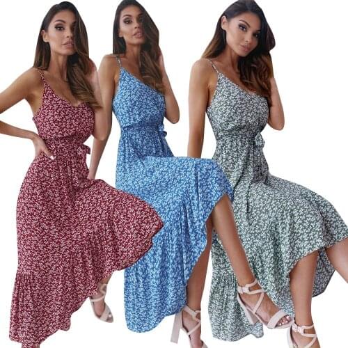 Summer Dress Women Irregular Belt Ruffles Long Dresses Sling Sleeveless Backless Print Slim Dress For Women Vestidos Femme Robes
