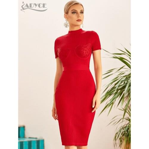 Adyce New Summer Women Short Sleeve Bodycon Bandage Dress Sexy Red Lace Knee Length Club Celebrity Evening Runway Party Dresses
