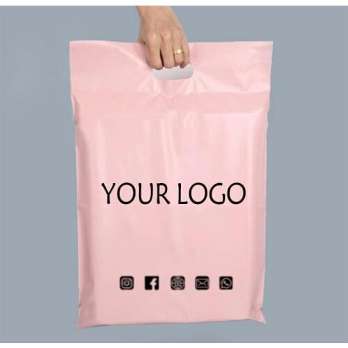 100Pcs Personnalisés Pink Sacs De Poignée Sac De Rangement En Plastique Poly Enveloppe Sacs Postaux Logo De Marque Personnalisé