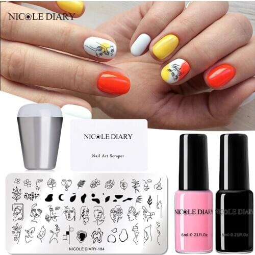 NICOLE DIARY 5Pcs Nail Stamping Plates Young Girl Face Image Nail Art Stamp Template with Stamping Polish Set Stencil Tools