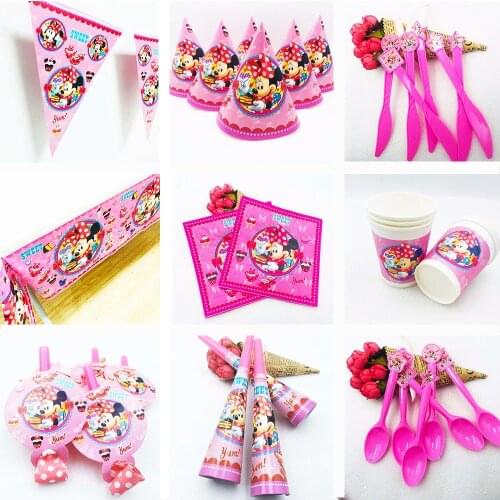 Minnie Mouse Kids Birthday Party Decoration Supplies Cup Plate Banner Hat Bag Set Favors Cake Decorating Pink Red