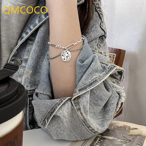 QMCOCO 925 Silver Bracelets Trendy Hip-Hop Vintage Double Layer Chain Round Card Pendant Punk Birthday Party Jewelry Gifts