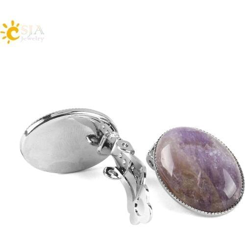 CSJA Clip on Earring Without Piercing Women Reiki Gem Stone Beads Oval Shape Pink Purple Crystal Onyx Raw Material Jewelry E111