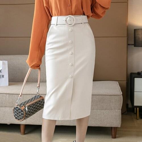 Elegant PU Leather Pencil Skirt Women High Waist Belted Single Breasted Split Skirts Womens Korean Fashion Mid-Length Sexy Jupe